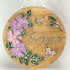 Welcome sign in layered wood art. Spring floral design!